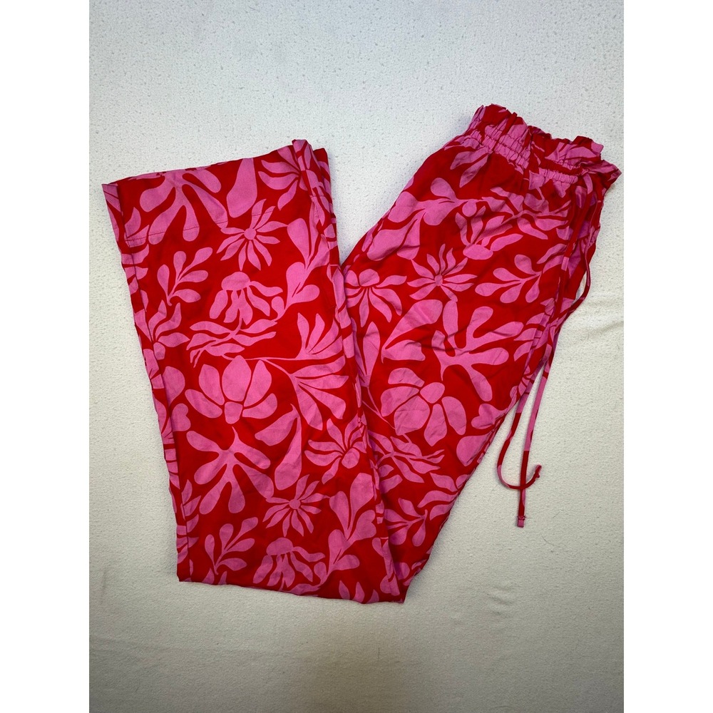 Shade &‎ Shore Pants Womens XS Pink Red Floral Palm Print Wide Leg Rayon Summer